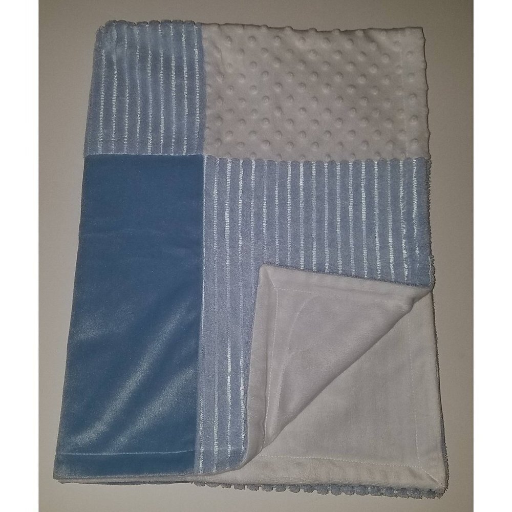 Hobby Lobby Blue White Patchwork Fleece Baby Blanket Lovey Minky Dot Stripes